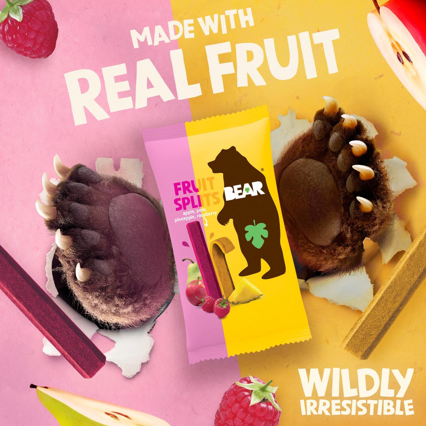 BEAR Real Fruit Snack Splits - Gluten Free, Vegan, and Non-GMO - Raspberry and Pineapple - Healthy School And Lunch Snacks For K