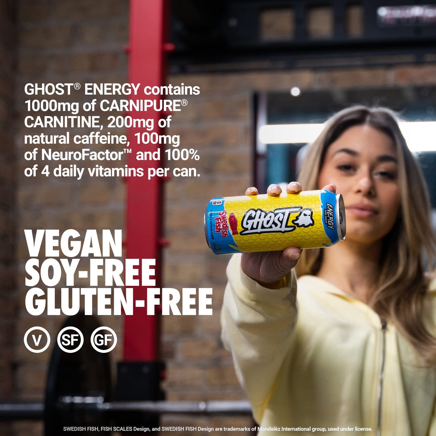 GHOST Energy Drink - 12-Pack  Swedish Fish  16oz Cans - Energy & Focus & No Artificial Colors - 200mg of Natural Caffeine  L-Carnitine & Taurine - Gluten-Free & Vegan