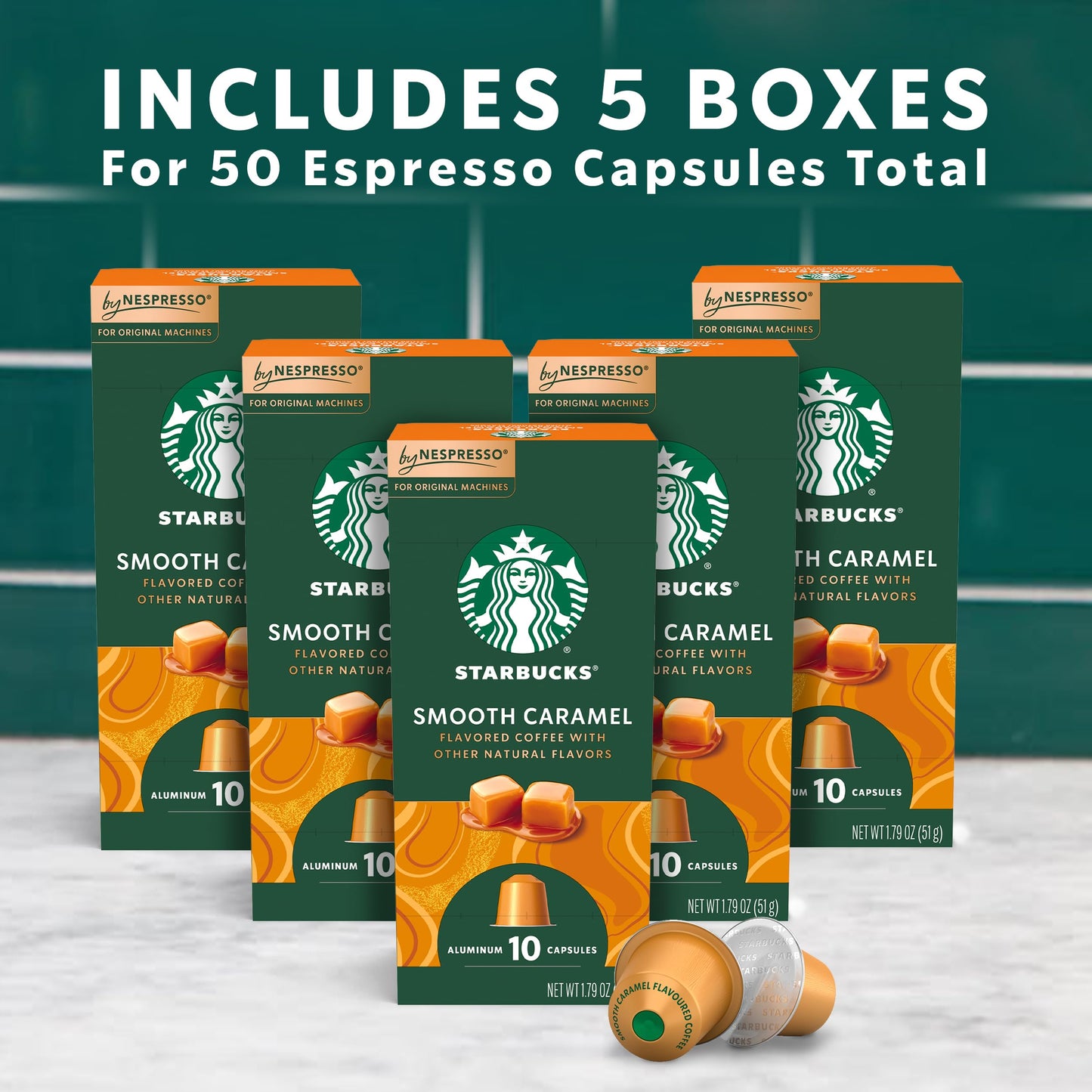 Starbucks Caramel Flavored Espresso Pods, 50-count, Original Line, Model STRBKS-NSPRSO-10CT-CRML-X5