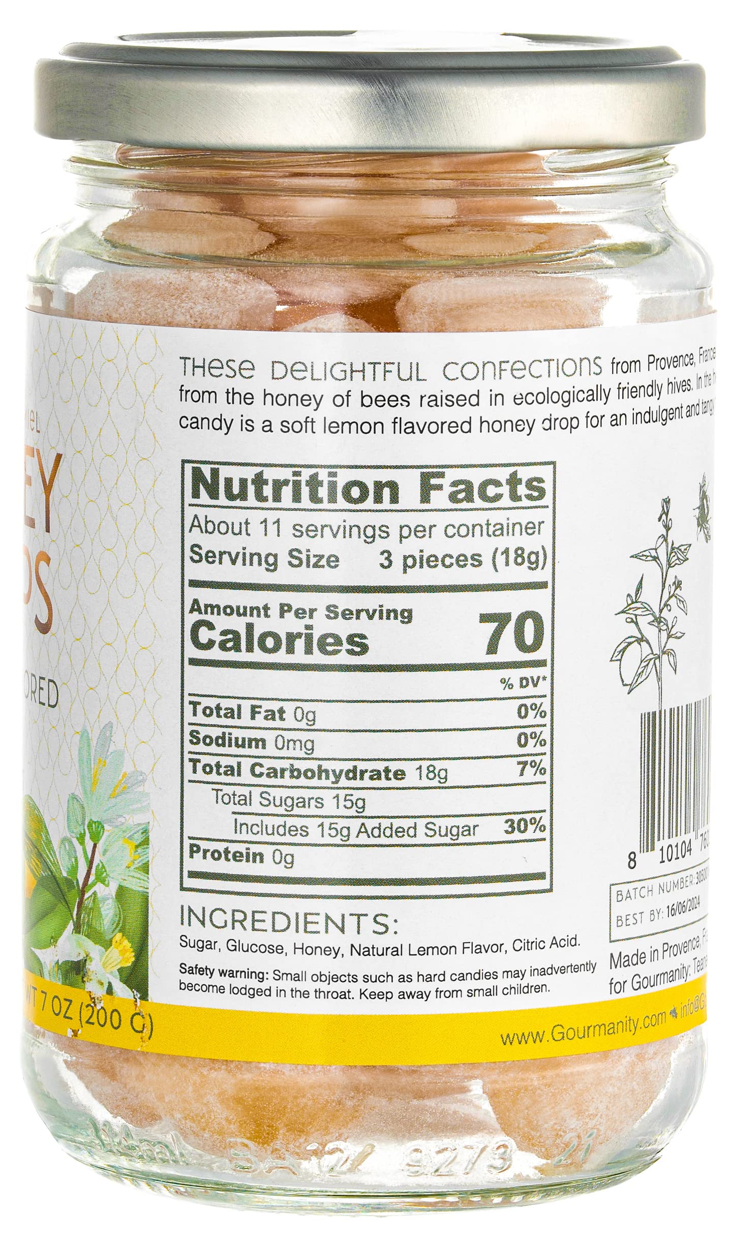 Gourmanity Honey Candy Lemon Drops, 7Oz Jar Gourmet French Candy Honey Drops Honey-Lemon Hard Candy Delicious, Soothing Natural