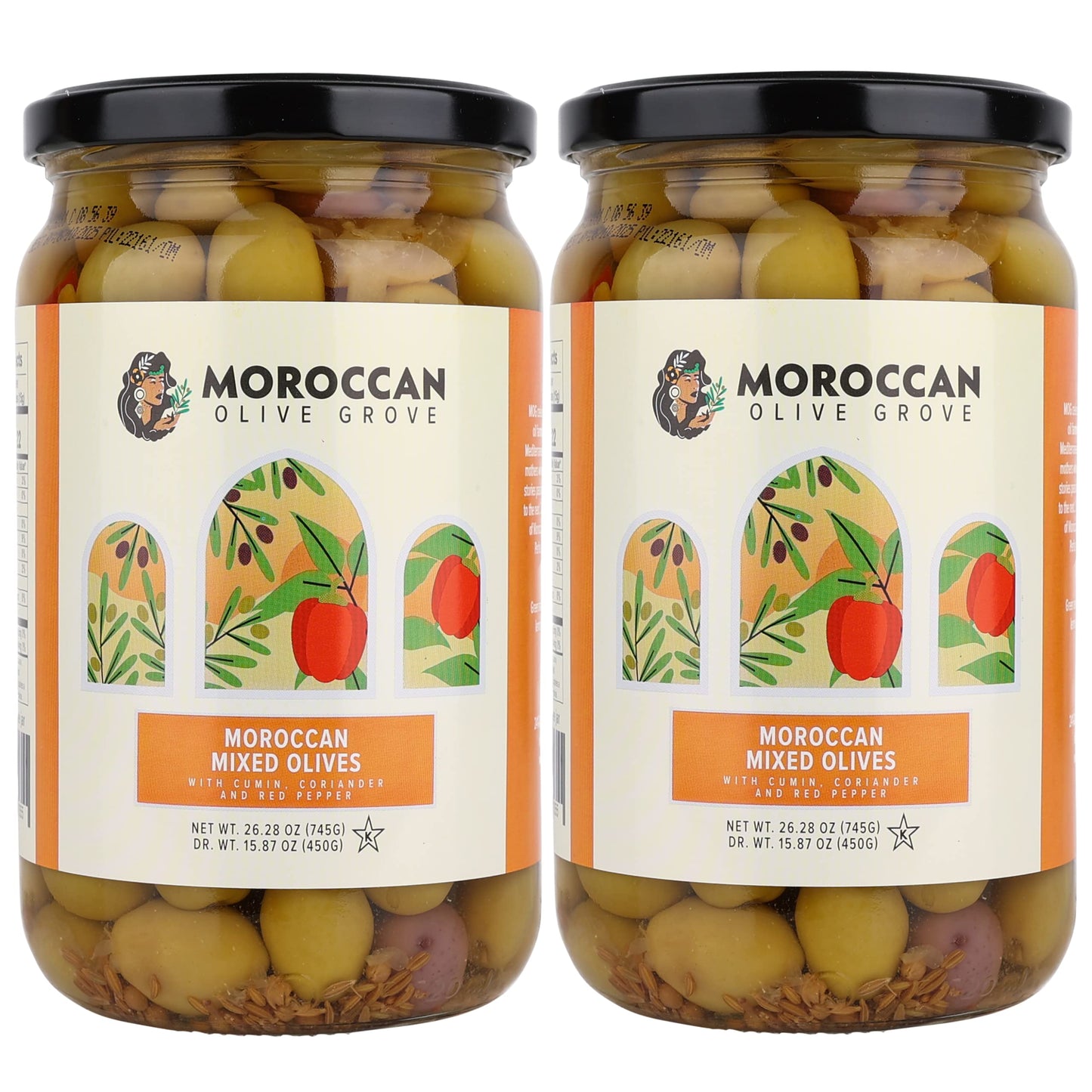 Moroccan Olive Grove Mixed Olives - Premium Hand-Picked Purple & Green Olives with Sweet Peppers, 2-Pack, 745g per Jar