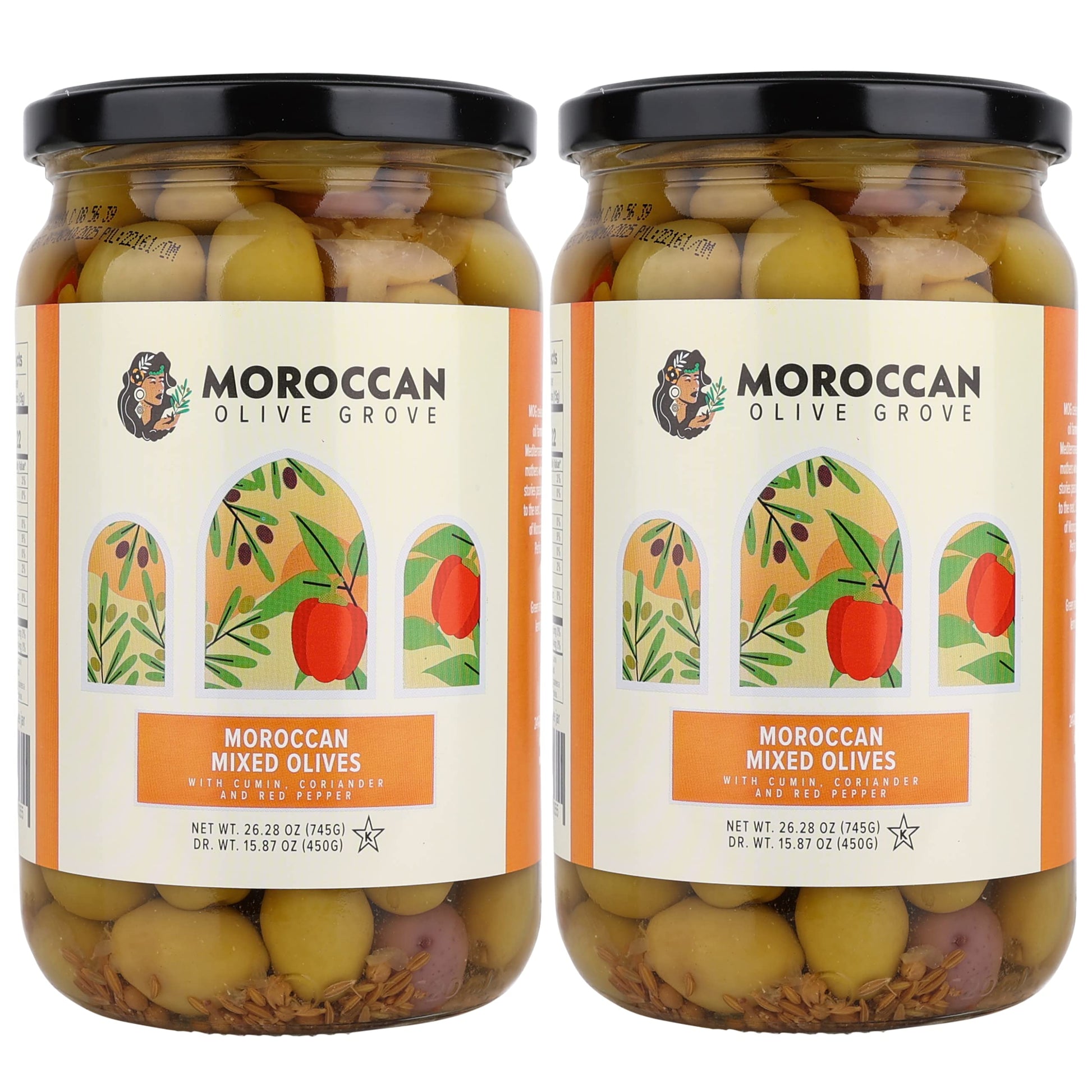 Moroccan Olive Grove Mixed Olives - Premium Hand-Picked Purple & Green Olives with Sweet Peppers, 2-Pack, 745g per Jar