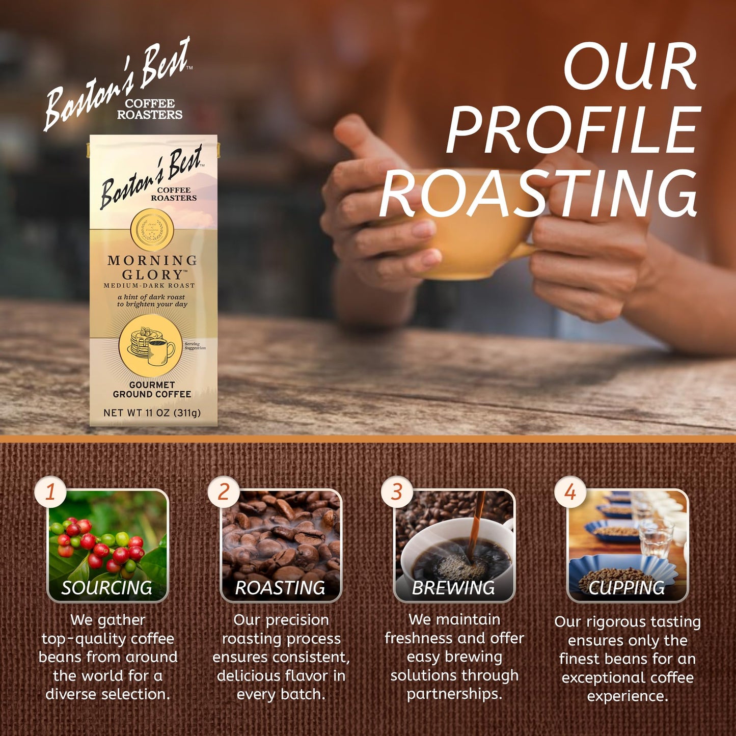 Bostons Best Coffee - Morning Glory Blend, Delicious Medium Dark Roast Delicious Gourmet Coffee, Premium Ground Coffee, 11 Oz. /