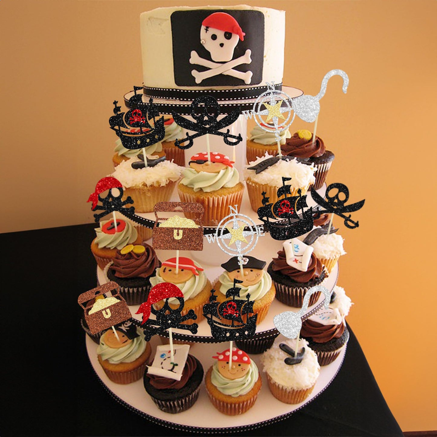 Gyufise 24Pcs Pirate Cupcake Toppers Glitter Nautical Sailing Skull Cap Flag Cupcake Picks For Pirate Theme Baby Shower Kids Bir