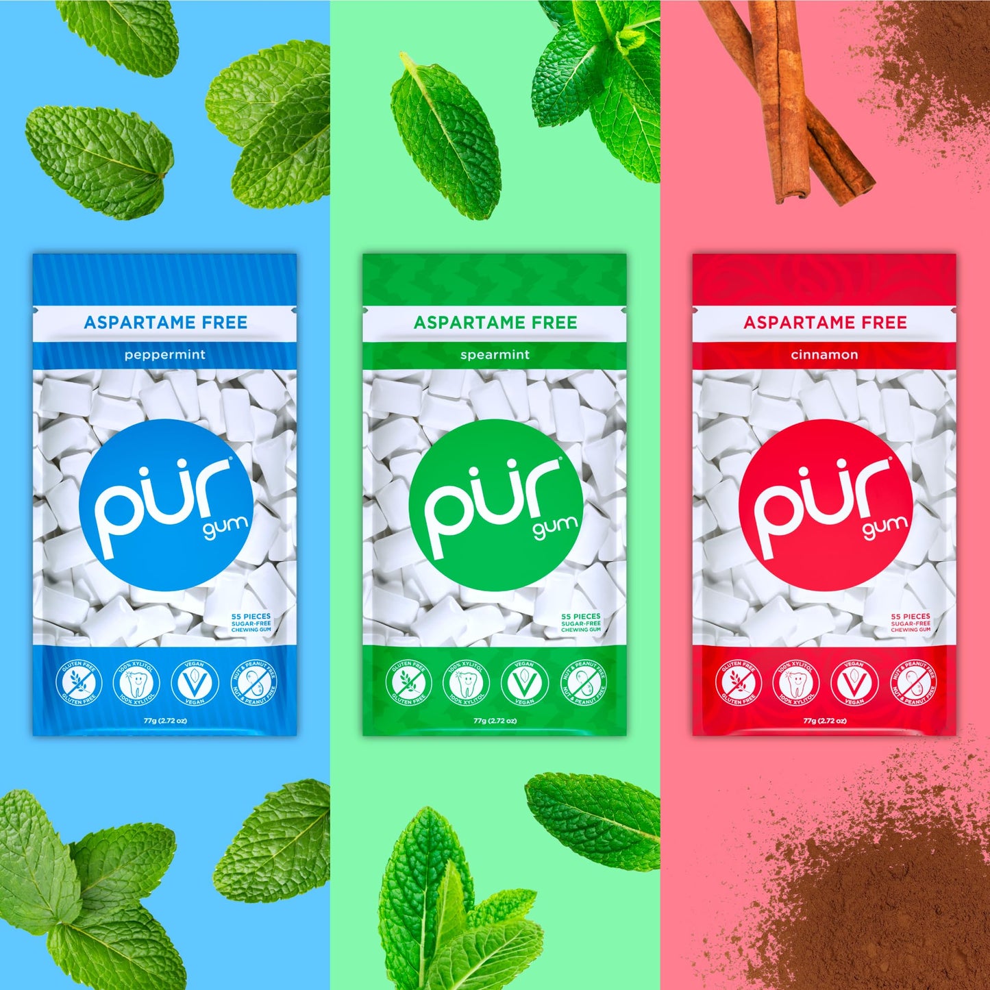 PUR Gum Aspartame Free Chewing Gum Variety Pack, 55 Count (Pack of 3), 100% Xylitol, Model 830028004472