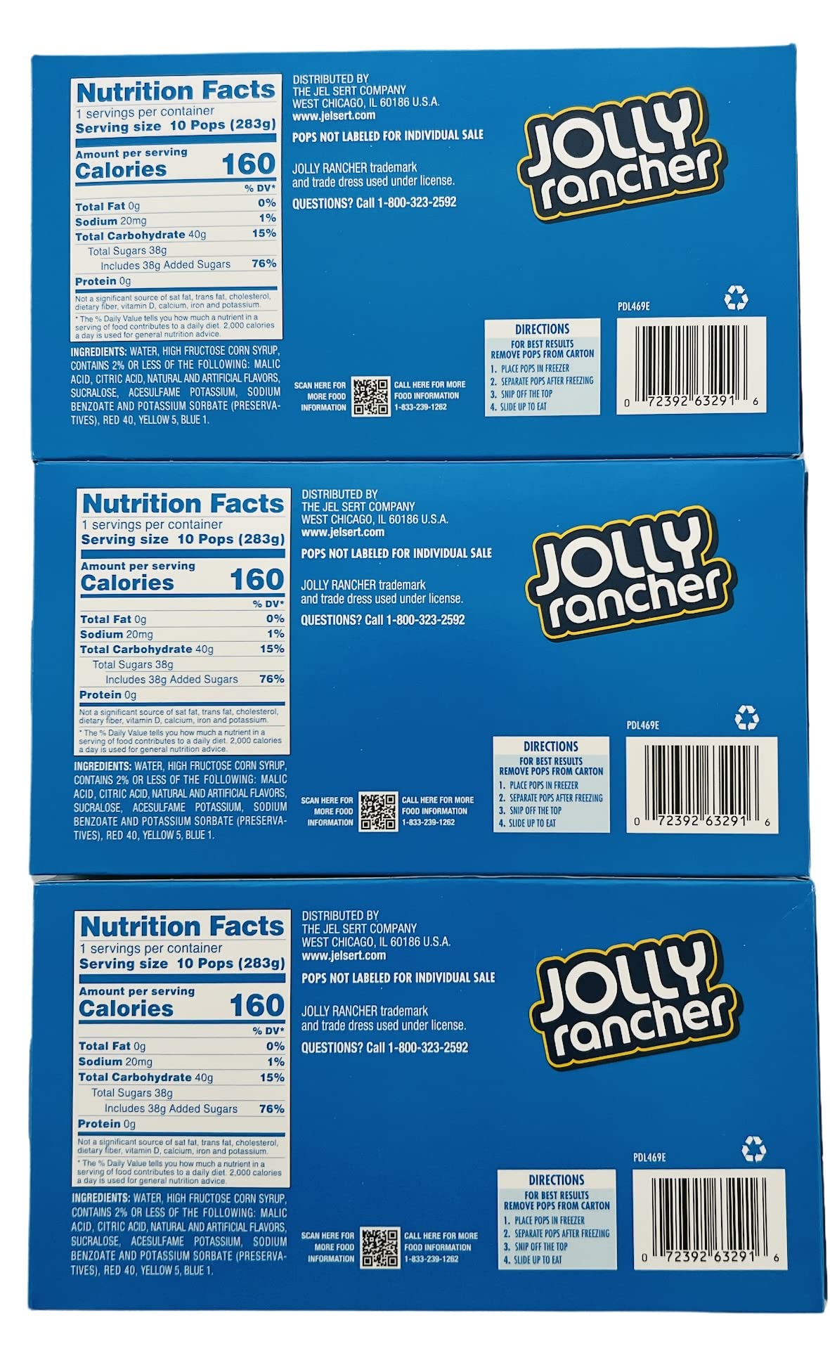 Jolly Rancher Freezer Pops, Watermelon, Green Apple, G , Blue Raspberry, 10 Ct, Pack of 3