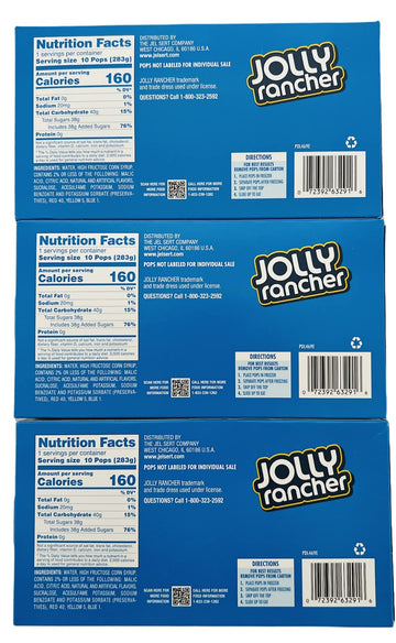 Jolly Rancher Freezer Pops, Watermelon, Green Apple, G , Blue Raspberry, 10 Ct, Pack of 3