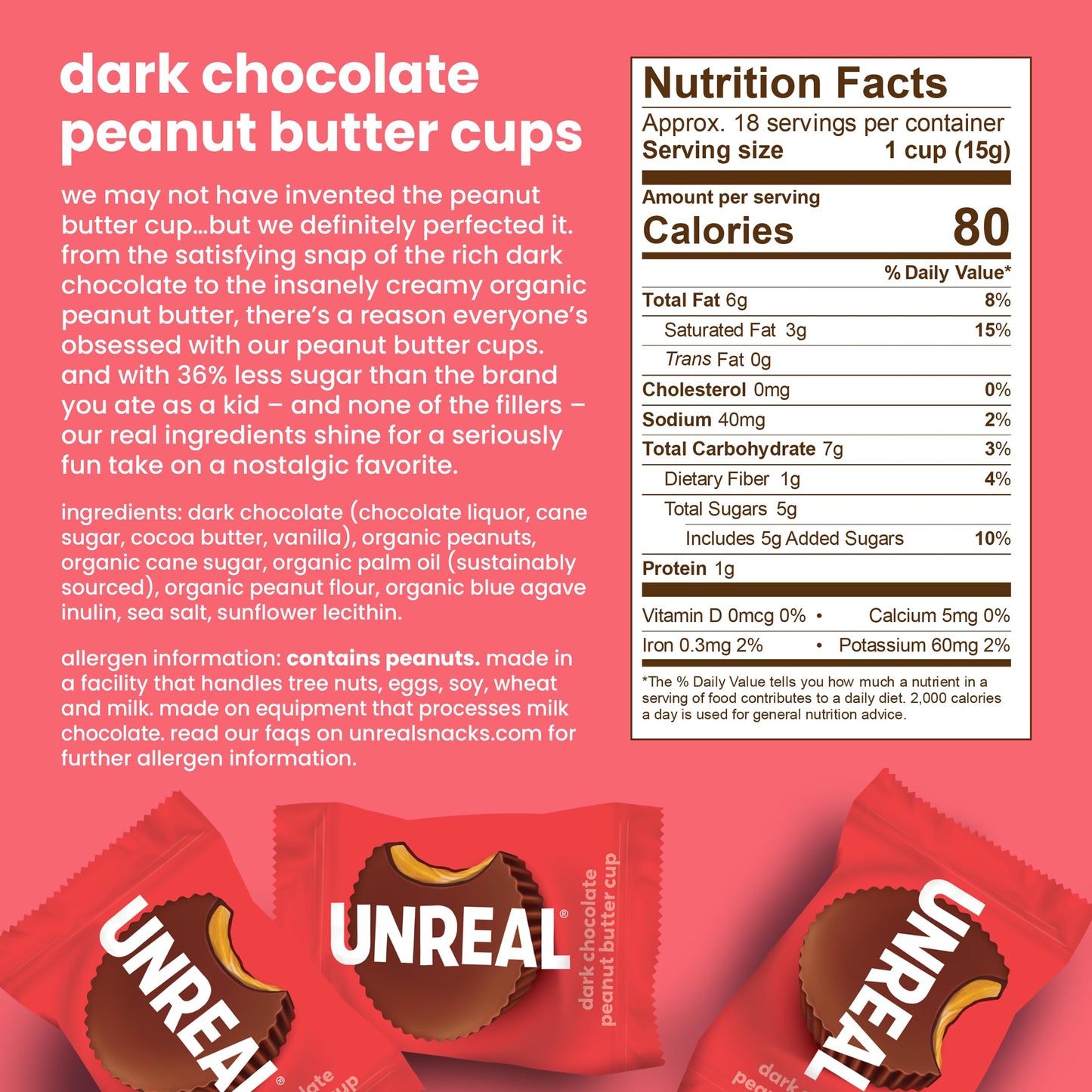Unreal Dark Chocolate Peanut Butter Cups (40 Individually Wrapped Cups) | Vegan, 5G Sugar | Gluten Free, Fair Trade, Non-Gmo | .