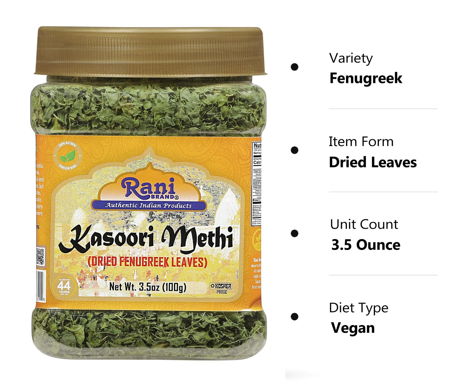 Rani Fenugreek Leaves Dried (Kasoori Methi) 3.5oz (100g) PET Jar ~ All Natural | Vegan | Gluten Friendly | NON-GMO | Kosher | Indian Origin
