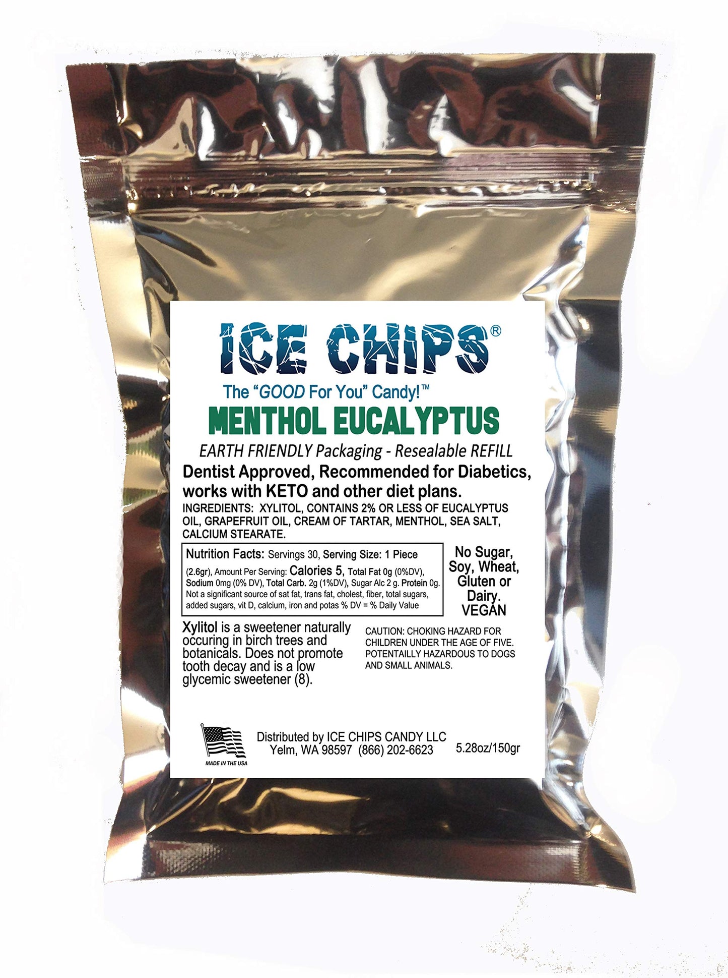 ICE CHIPS Xylitol Candy in Large 5.28 oz Resealable Pouch; Low Carb & Gluten Free (Menthol Eucalyptus)