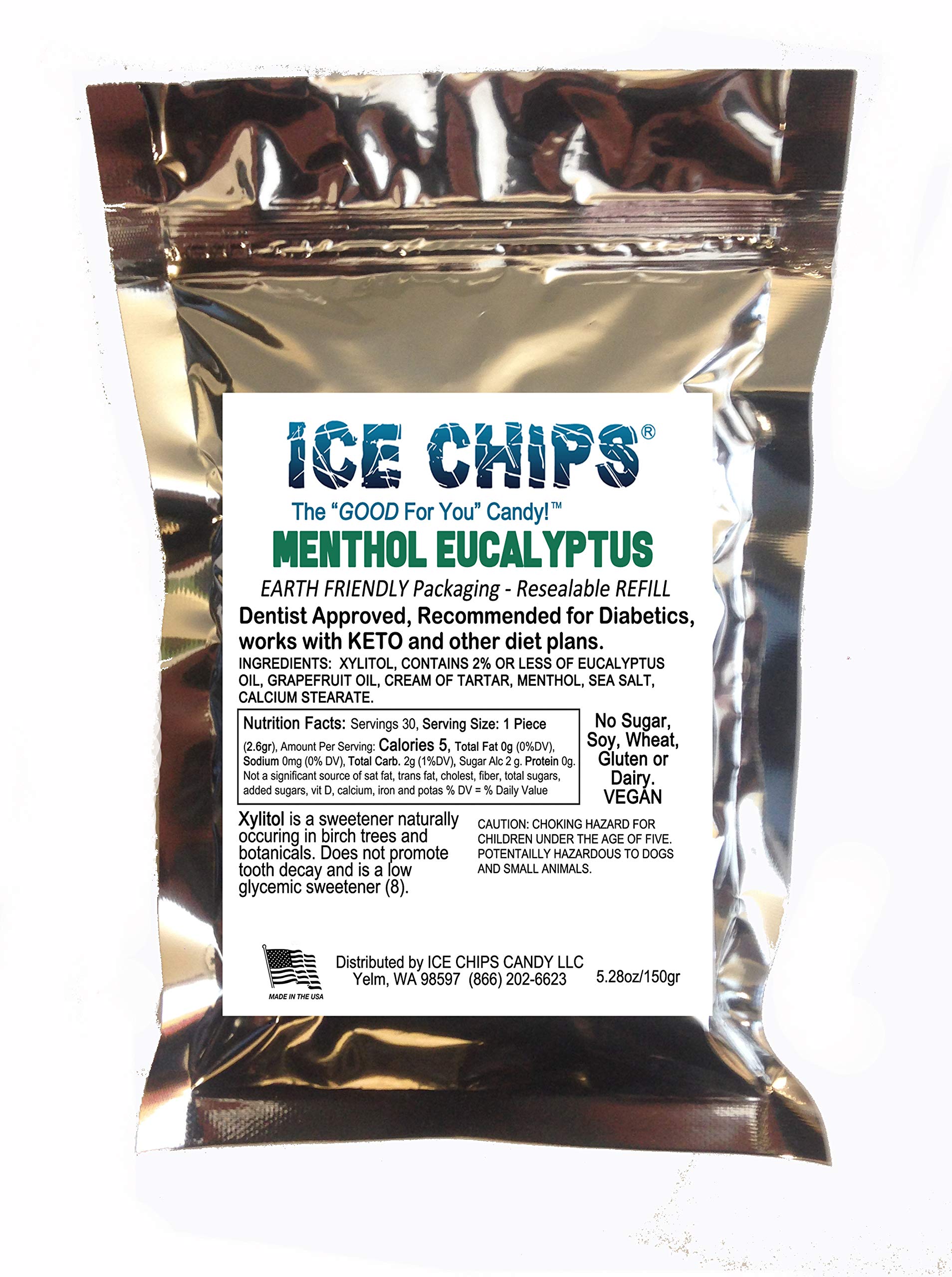 ICE CHIPS Xylitol Candy in Large 5.28 oz Resealable Pouch; Low Carb & Gluten Free (Menthol Eucalyptus)