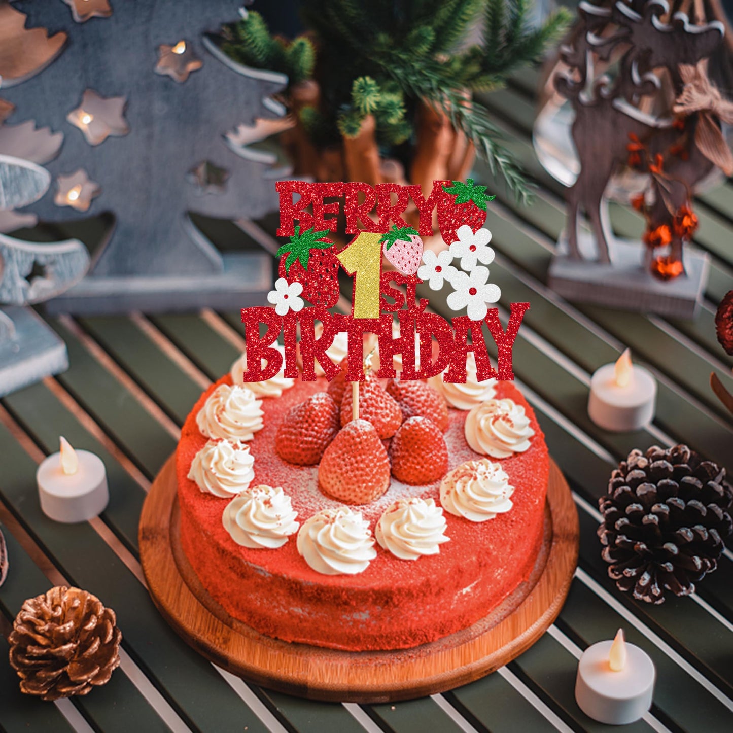 YCTHUNFISH Birthday Cake Topper Red Glitter Flower for Strawberry Theme Party, Paper Material
