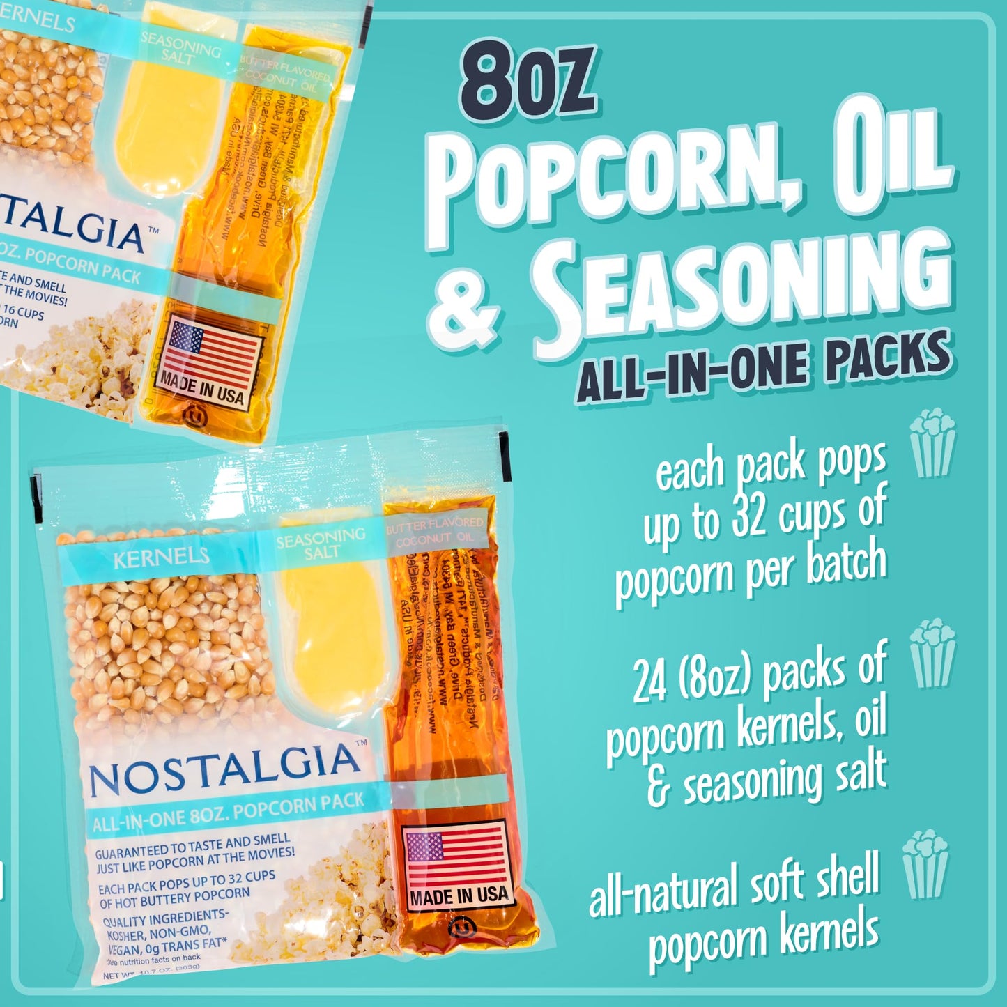 Nostalgia Movie Theater Style Popcorn Packets, Butter Flavored Coconut Oil & Seasoning Salt, 8oz, 24 Count, Model NKPP824