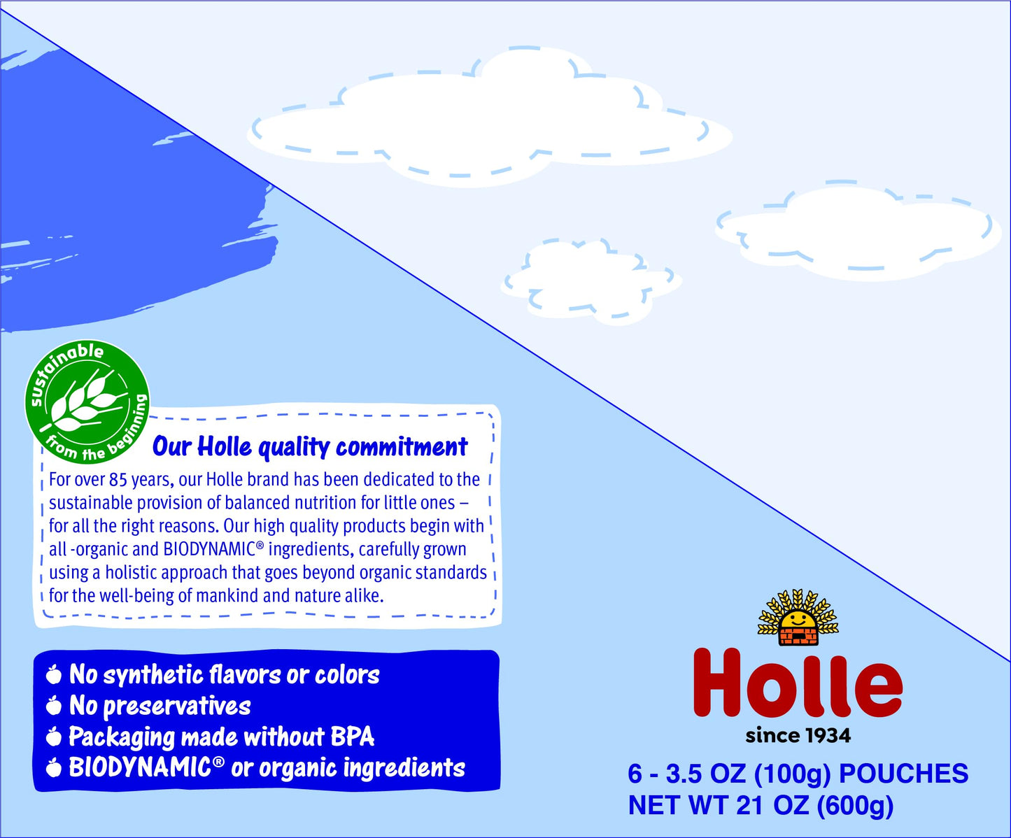 Holle Organic Baby Food Pouches - Blue Bird Baby Puree With Pear, Apple, Blueberry & Oat - (6 Pack) Organic Baby Snacks + Fruit And Veggie Pouches For Weaning Babies 6 Months And Older