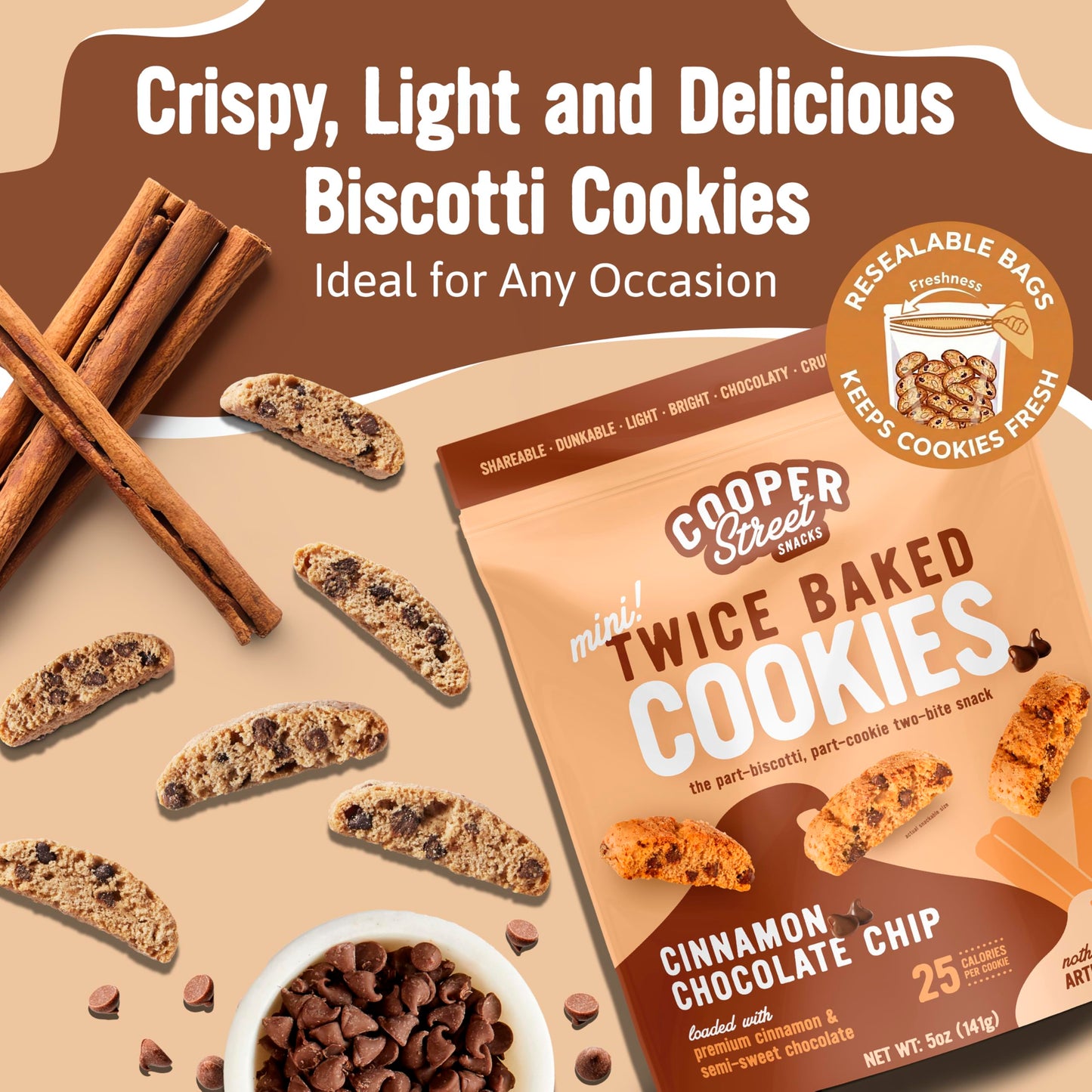 COOPER STREET Twice Baked Cinnamon Chocolate Biscotti Cookies - Crispy Mini Biscotti Cookies Ideal with Coffee - Traditional Low