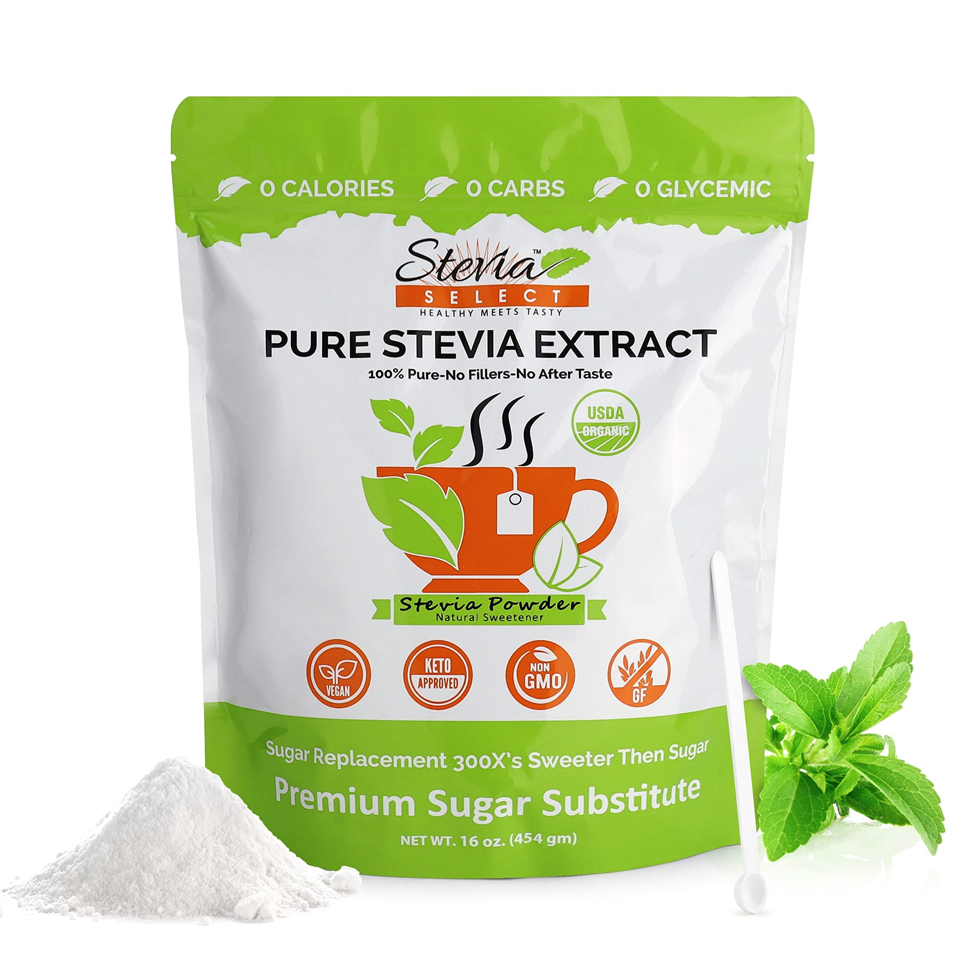 Stevia Select Organic Stevia Powder, Sugar Free, 16 Ounce, Pure Stevia Extract, Non-GMO, Plant-Based Sweetener