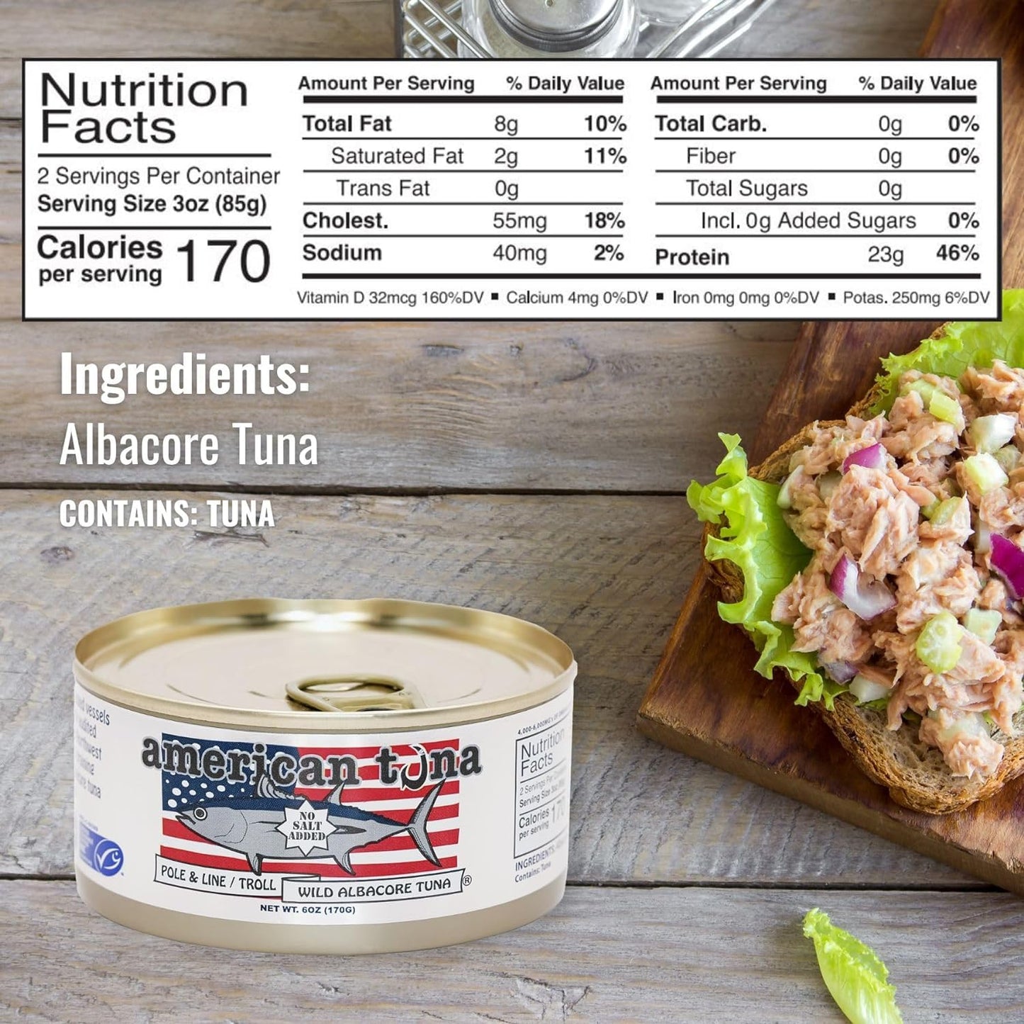 Wild Albacore Tuna Fish By American Tuna - No Salt Added, Wild Caught, Msc Certified, And One-By-One Pole Caught | (6) 6 Ounce C