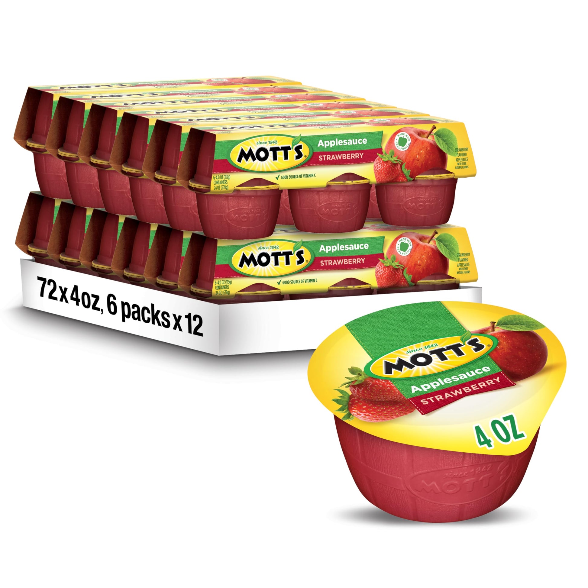 Mott'S Strawberry Applesauce, 4 Oz Cups, 72 Count (12 Packs Of 6), No Artificial Flavors, Good Source Of Vitamin C, Nutritious O