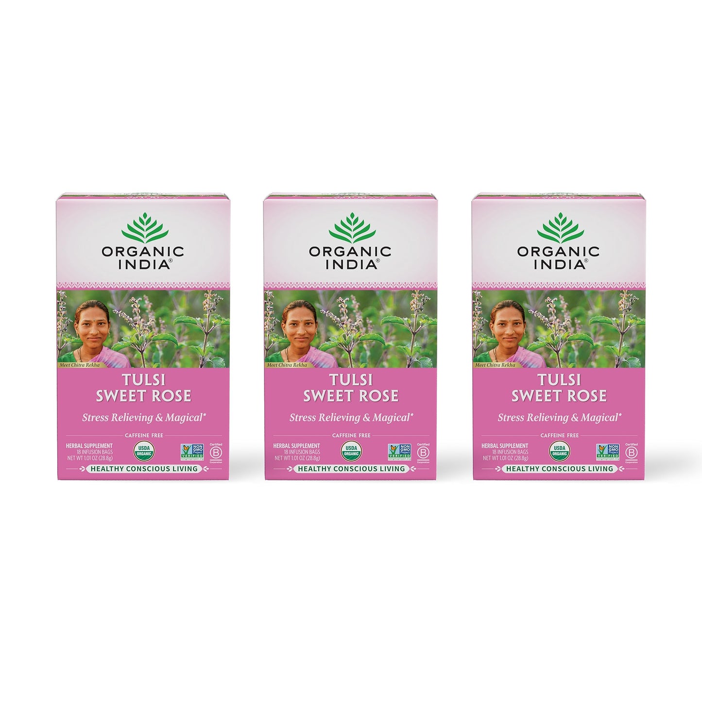 ORGANIC INDIA Tulsi Sweet Rose Herbal Tea - Caffeine Free, Stress Relieving - 18 Count (Pack of 3)