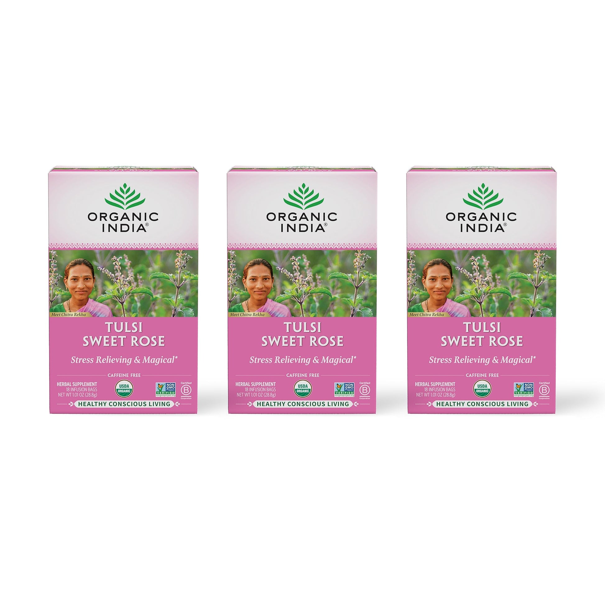 ORGANIC INDIA Tulsi Sweet Rose Herbal Tea - Caffeine Free, Stress Relieving - 18 Count (Pack of 3)