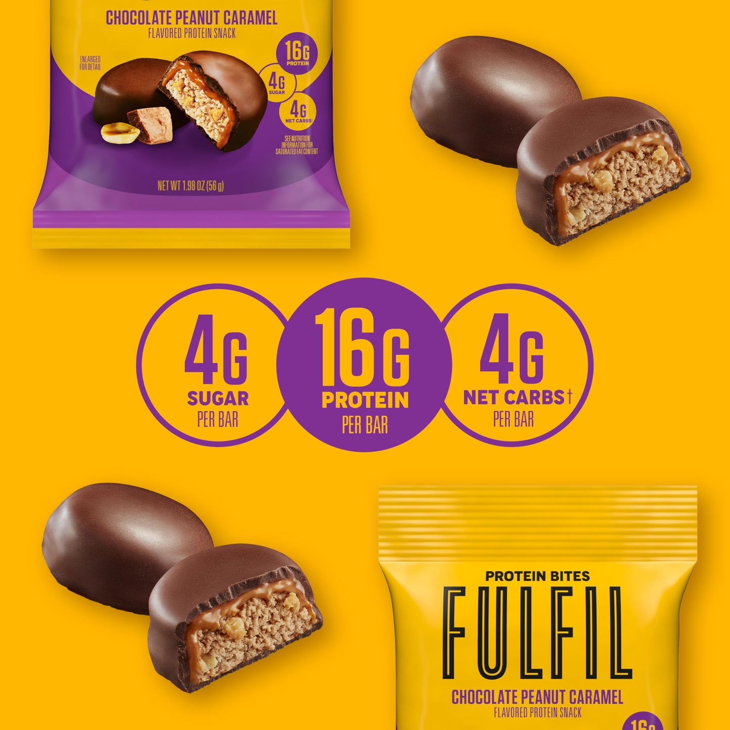 FULFIL Protein Snack Bites, Chocolate Peanut Caramel Flavored, Gluten Free with 16g Protein per serving, 7 Bites per Bag (10 Bag