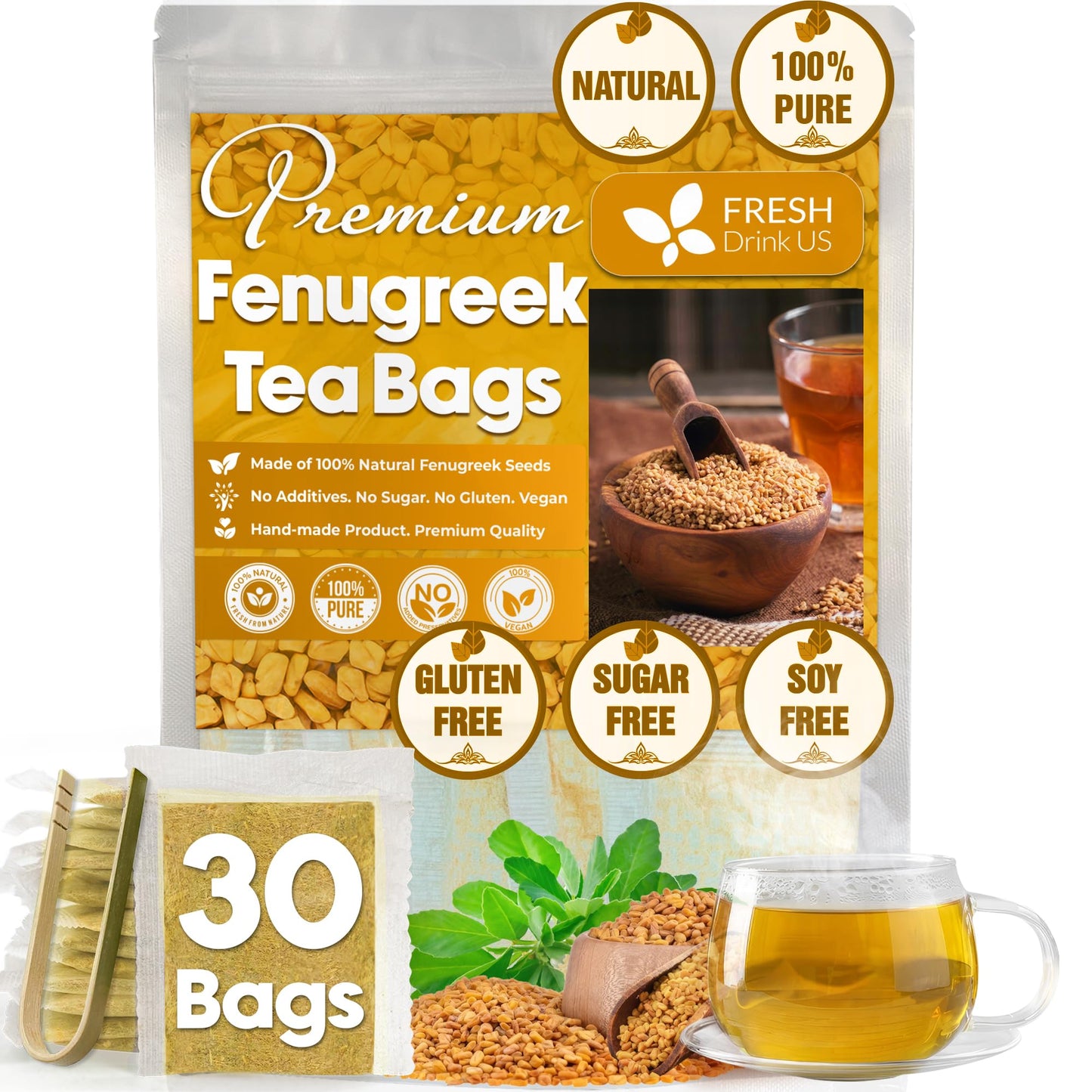 FRESHDRINKUS Fenugreek Herbal Tea Bags, 100% Natural, Caffeine-Free, Vegan, 30 Count