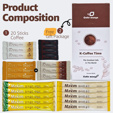 Cutie Mango Maxim & Kanu Premium Korean Instant Coffee Sampler White, Mocha Gold, Americano, Latte Caf  -Style Camping Party Eas
