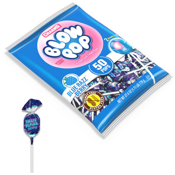 Charms Blow Pop Single Flavor Bag - Blue Raspberry Flavored Lollipops With A Bubble Gum Center - Individually Wrapped Hard Candy