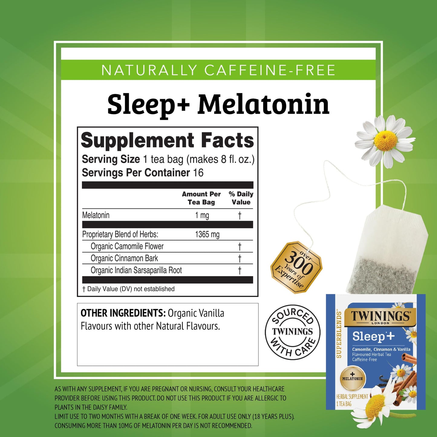Twinings Superblends Sleep+ Herbal Tea with 1mg Melatonin Camomile  Cinnamon & Vanilla  Naturally Caffeine-Free  16 Tea Bags (Pack of 1)  Enjoy Hot or Iced