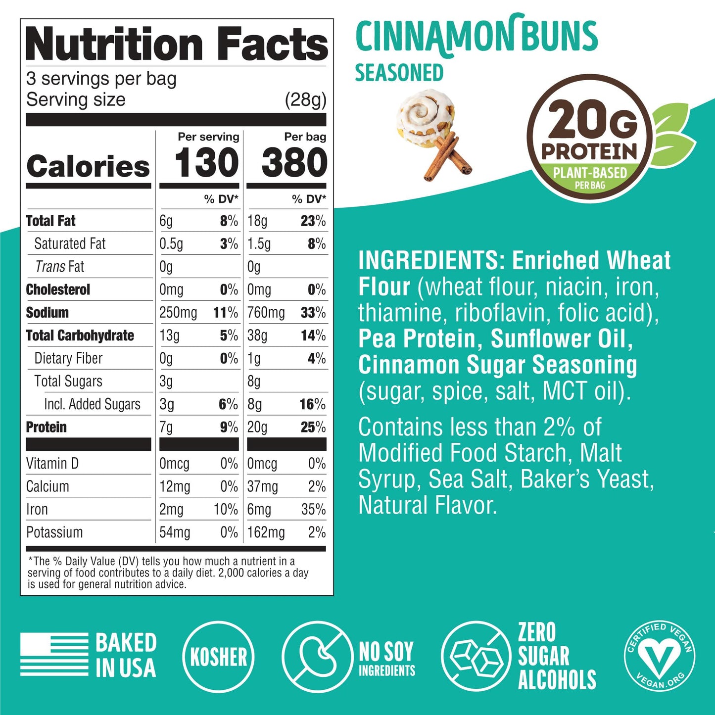 Lenny & Larrys FITZELS Protein Pretzels, Cinnamon Buns, 3 oz Each, 8 Individual Bags, 20g Plant Based Protein, Vegan Snacks