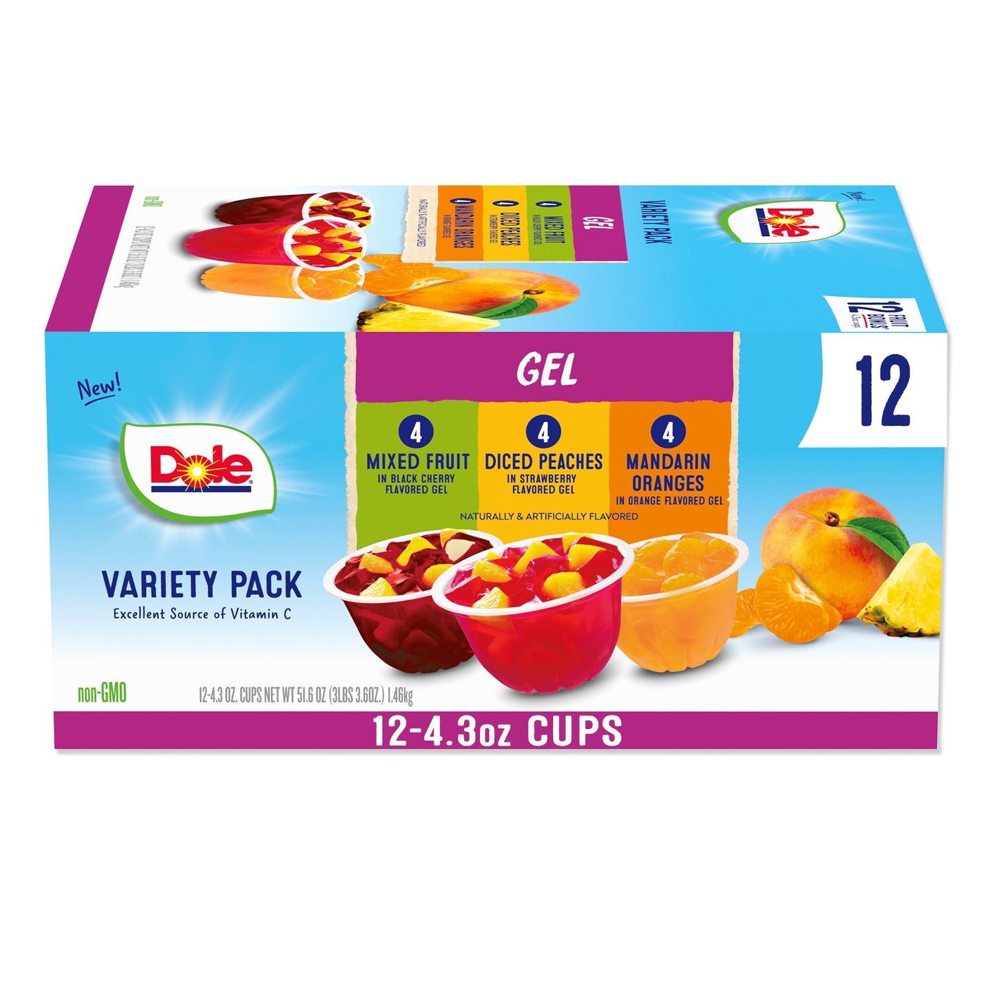 Dole Fruit Bowls In Gel Variety Pack Snacks, Peaches, Mixed Fruit, Mandarin Oranges, 4Oz 12 Total Cups, Gluten & Dairy Free, Bul