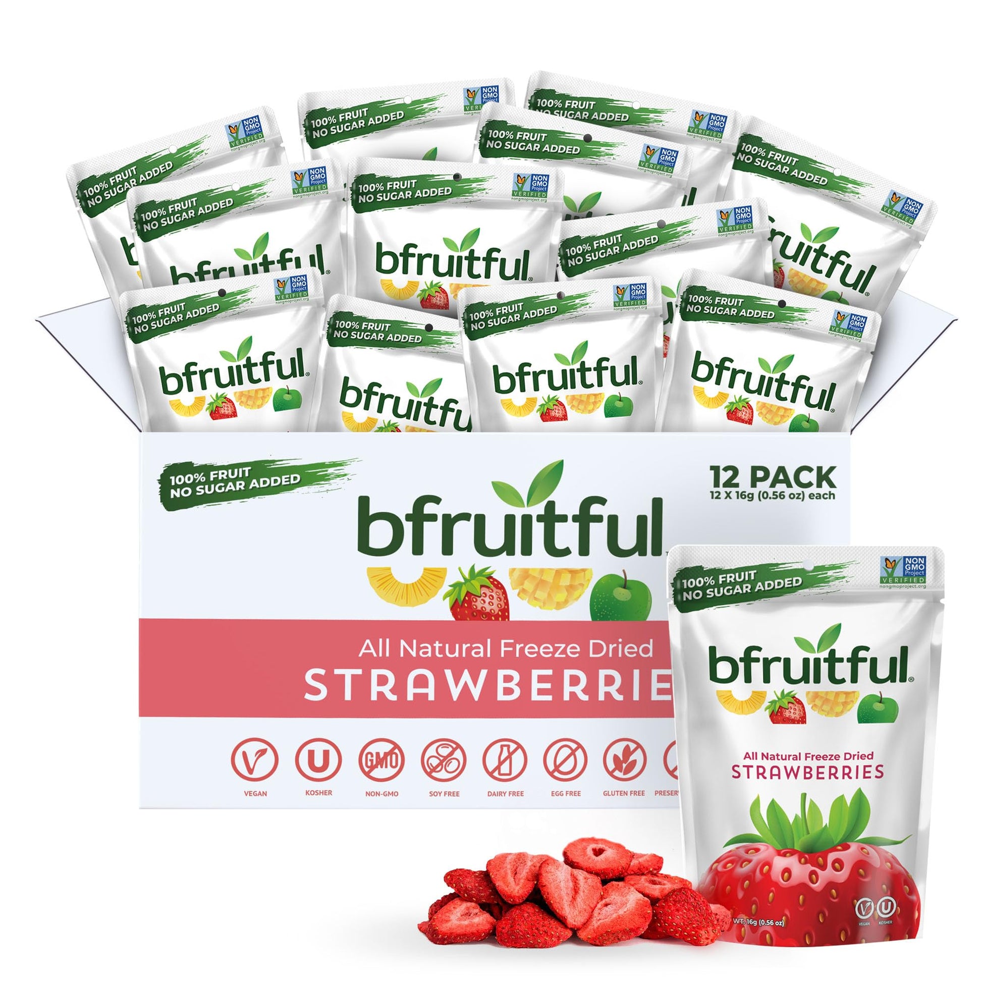 bfruitful Freeze-Dried Strawberries, Gluten Free, Dairy Free, No Sugar Added, 12-Pack