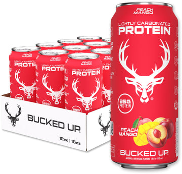 Bucked Up Lightly Carbonated Protein Soda | 25G Whey Isolate - Zero Sugar, Low Calorie, Caffeine Free, Clean Drink | Sparkling Protein Soda - 12 Pack, 16 Oz Cans (Peach Mango)