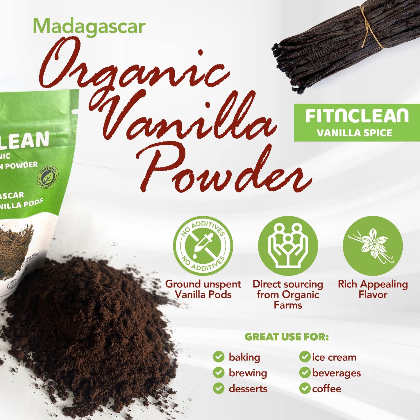 1Oz Organic Madagascar Vanilla Bean Powder. Certified Usda Organic. Ground Whole Gourmet Pods By Fitnclean Vanilla| Raw Natural Pure Unsweetened No Additives Non-Gmo