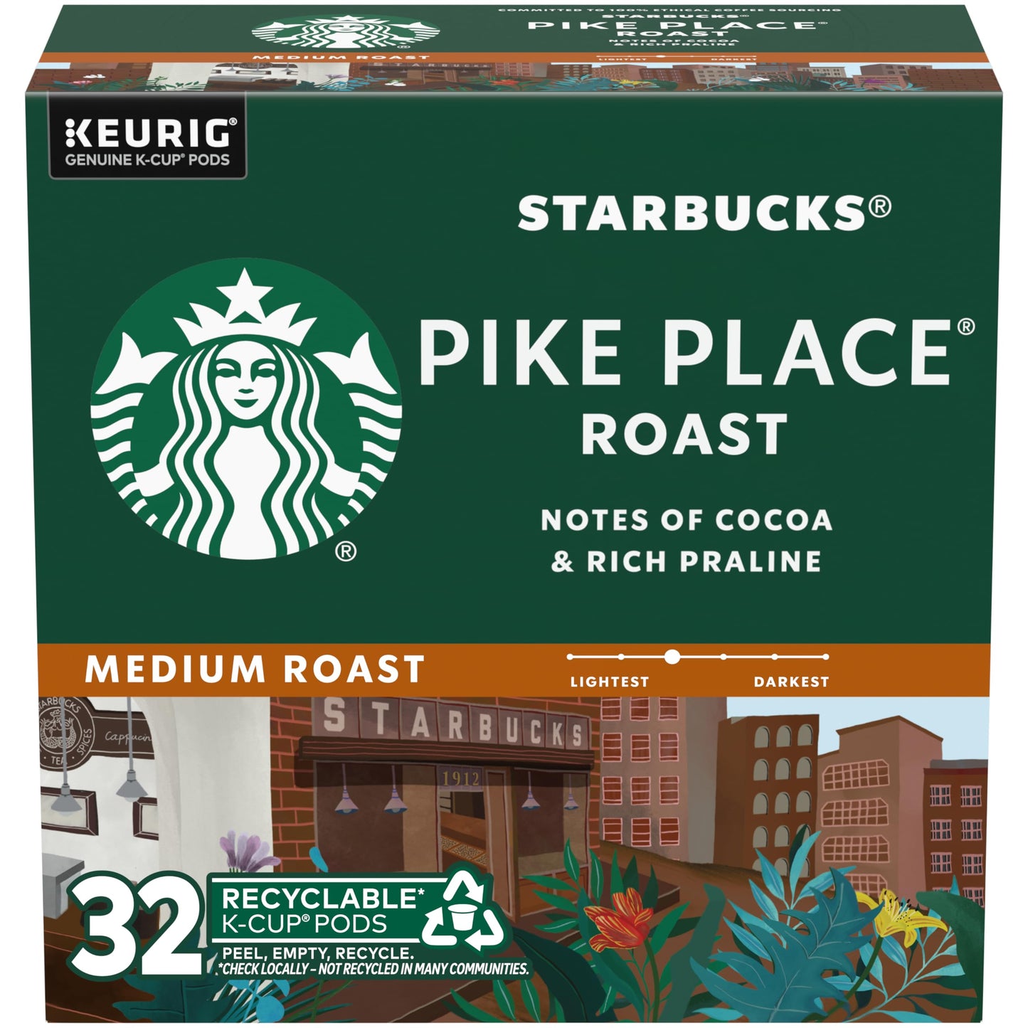 Starbucks K-Cup Coffee Pods, Medium Roast, Pike Place, 32 Count, 100% Arabica, Compatible with Keurig Coffee Makers