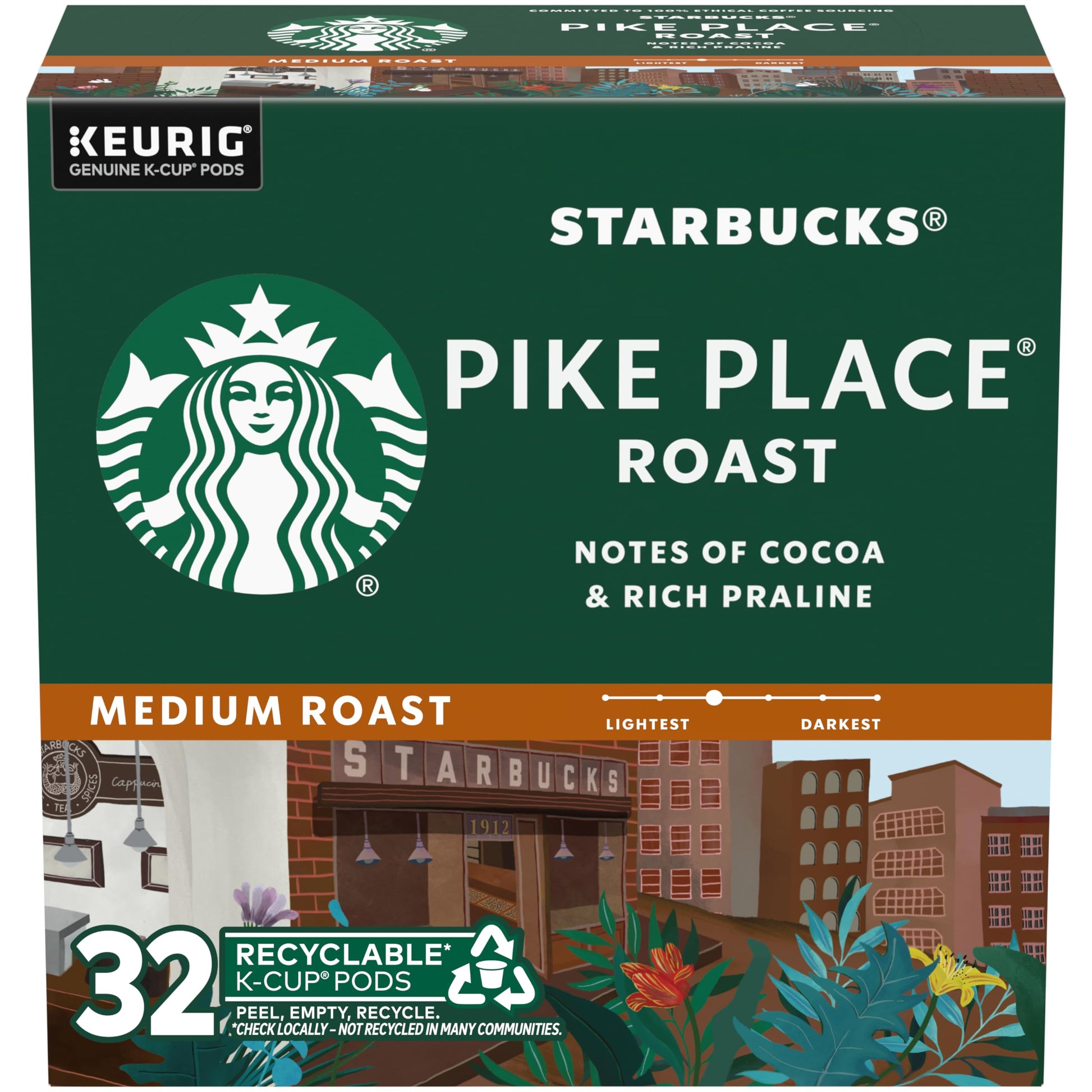 Starbucks K-Cup Coffee Pods, Medium Roast, Pike Place, 32 Count, 100% Arabica, Compatible with Keurig Coffee Makers