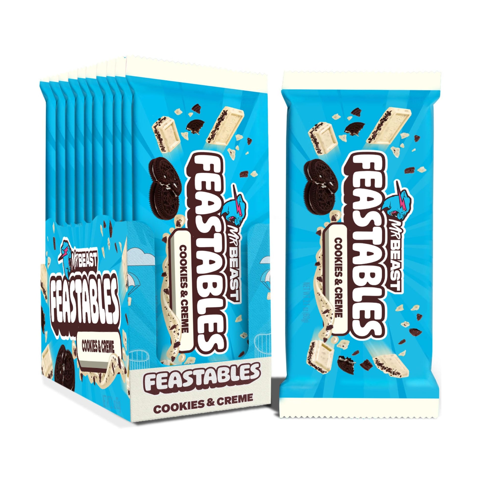 Feastables Cookies & Creme Chocolate Bar, King Size, 10 Count, Fairtrade Cocoa, 2.1 Oz Each
