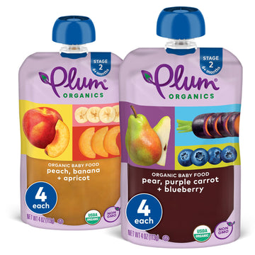 Plum Organics Stage 2 Organic Baby Food - Fruit And Veggie Variety Pack - 4 Oz Pouch (Pack Of 8) - Organic Fruit And Vegetable B