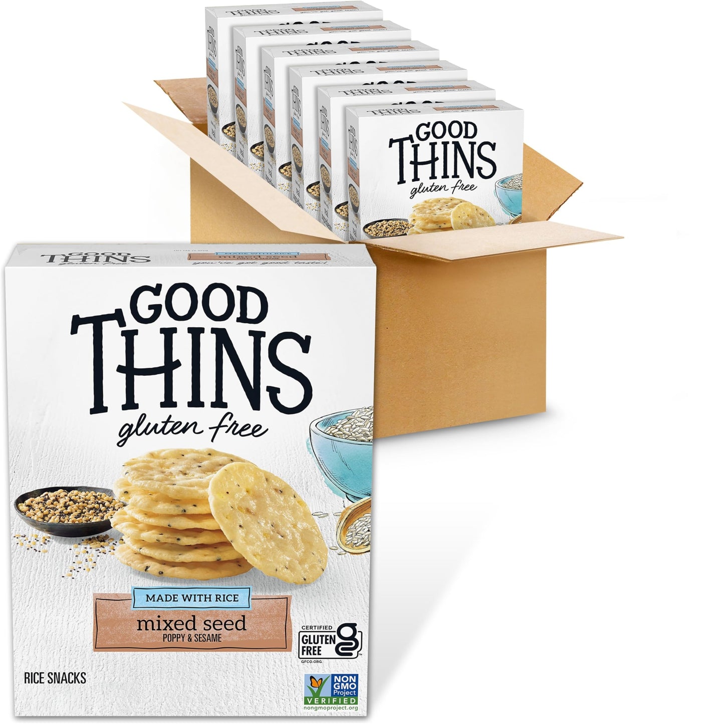 Good Thins Mixed Seed Rice Snacks Gluten Free Crackers, Bulk Snack Crackers, 6-3.5 oz Boxes