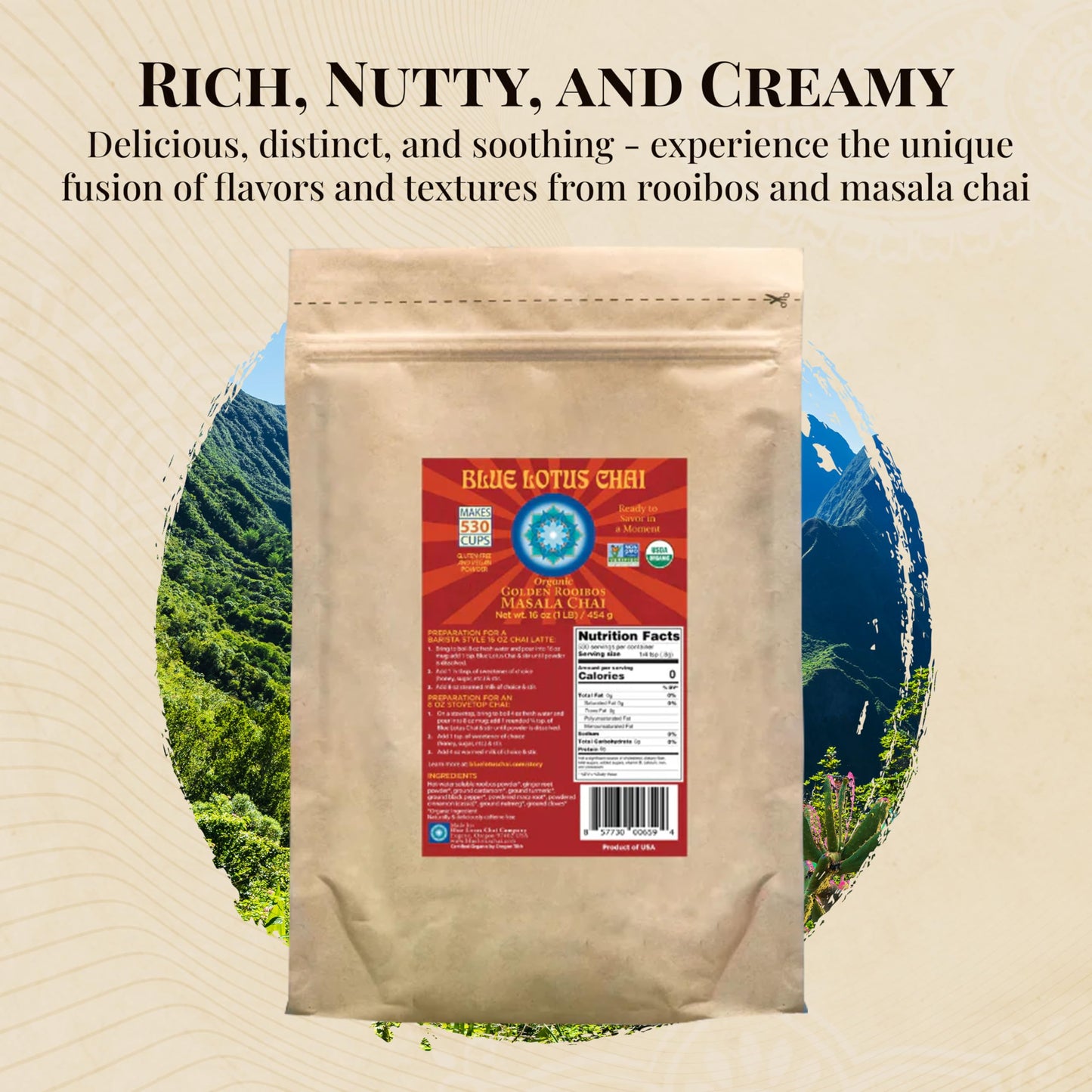 Blue Lotus Chai - Golden Rooibos Masala Chai - Makes 530 Cups - 1 Pound Bulk Bag Masala Spiced Chai Powder With Organic Spices -