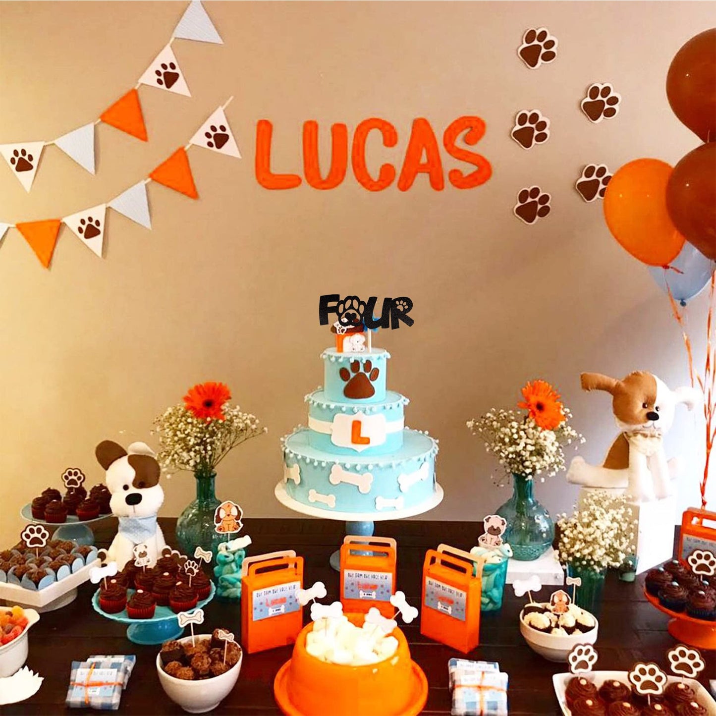 1 Pcs Four Cake Topper Black Glitter 4 Years Old Birthday Dog Paw Cake Pick For Puppy Dog Let'S Pawty Theme Kids Boys Girls 4Th