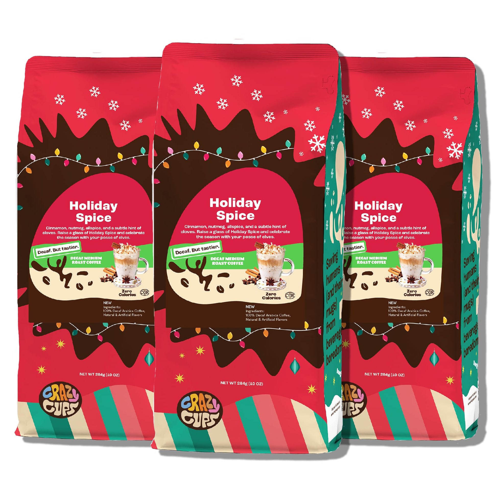 Crazy Cups Decaffeinated Holiday Spice Coffee, 10 oz Bag, Pack of 3