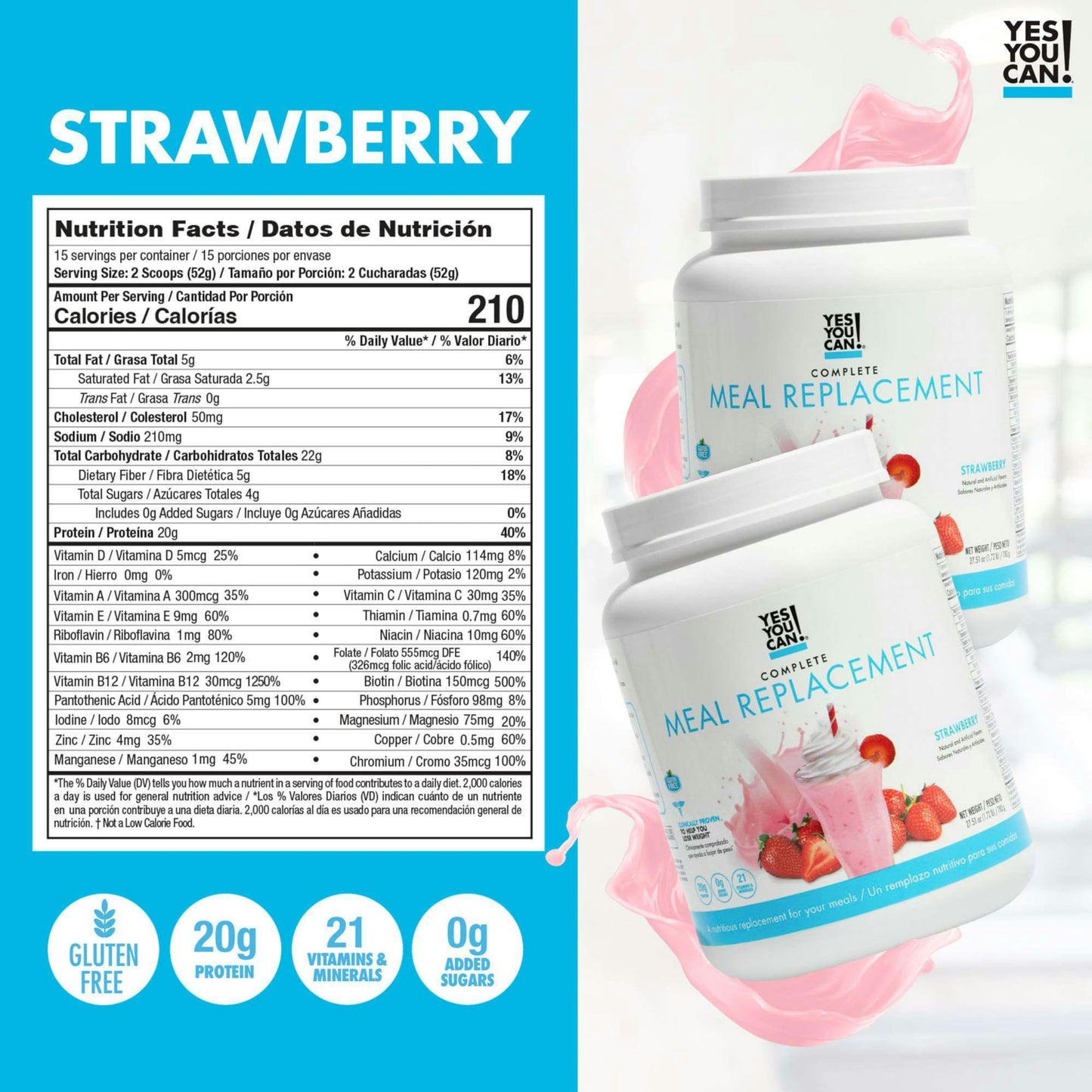 Yes You Can! Meal Replacement Shake - 30 Servings, 20g Protein, 22 Vitamins & Minerals, Strawberry Flavor