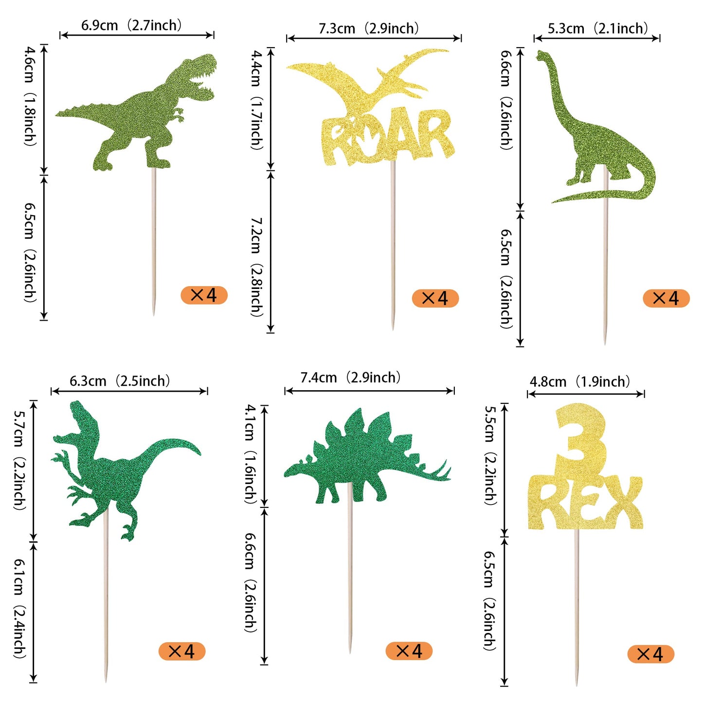 YCTHUNFISH Dinosaur Cupcake Toppers, 24 Pack, Glitter Gold, Bamboo, Small, Dino Theme for Baby Shower or Birthday Party Decorations