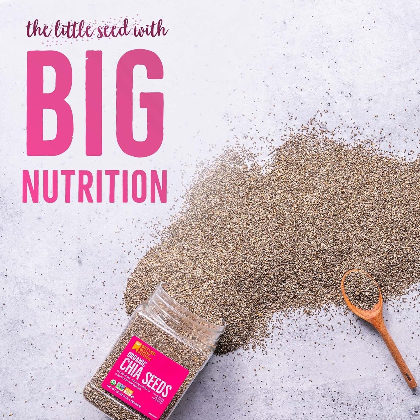BetterBody Foods Organic Chia Seeds, 1.25lb - Non-GMO, Gluten Free, Vegan, High Fiber, Keto Friendly, Perfect for Smoothies