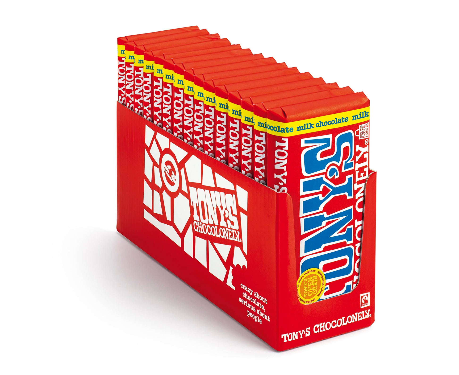 Tonys Chocolonely 32% Classic Milk Chocolate Bar - Rich, Smooth Belgium Chocolate, Perfect Holiday Gift, Chocolate Candy, No Artificial Flavoring, Fairtrade & B Corp Certified - 6.35 Oz, 15 Bars