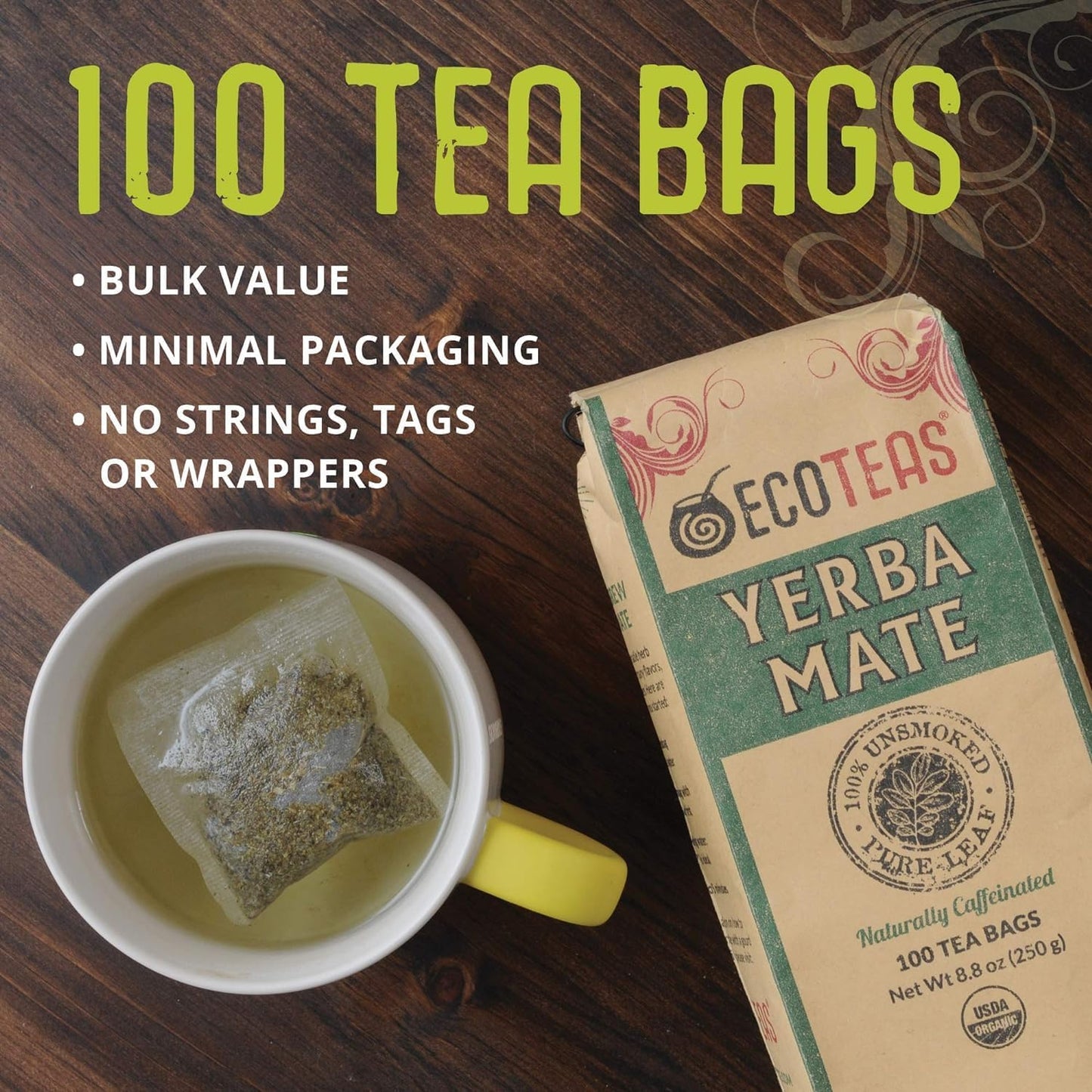 ECOTEAS Yerba Mate Tea Bags - Organic Unsmoked Detox Tea - 100 Bags, 8.8 oz (2 Pack)