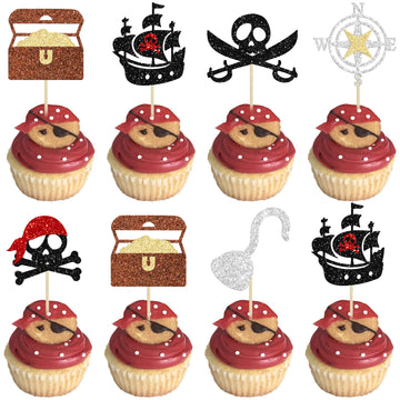 Gyufise 24Pcs Pirate Cupcake Toppers Glitter Nautical Sailing Skull Cap Flag Cupcake Picks For Pirate Theme Baby Shower Kids Bir