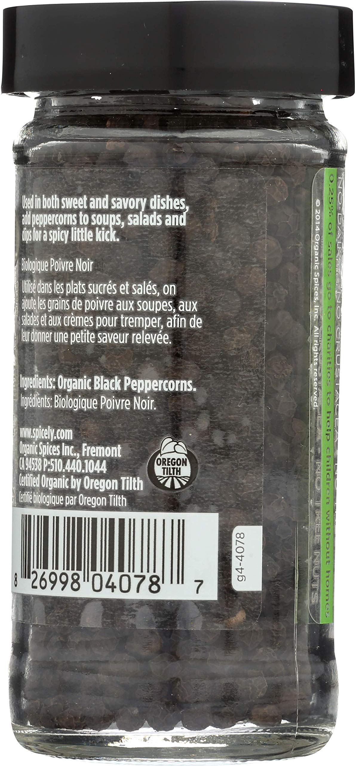 Spicely Organic Peppercorn Black Whole 1.70 Ounce Jar Certified Gluten Free