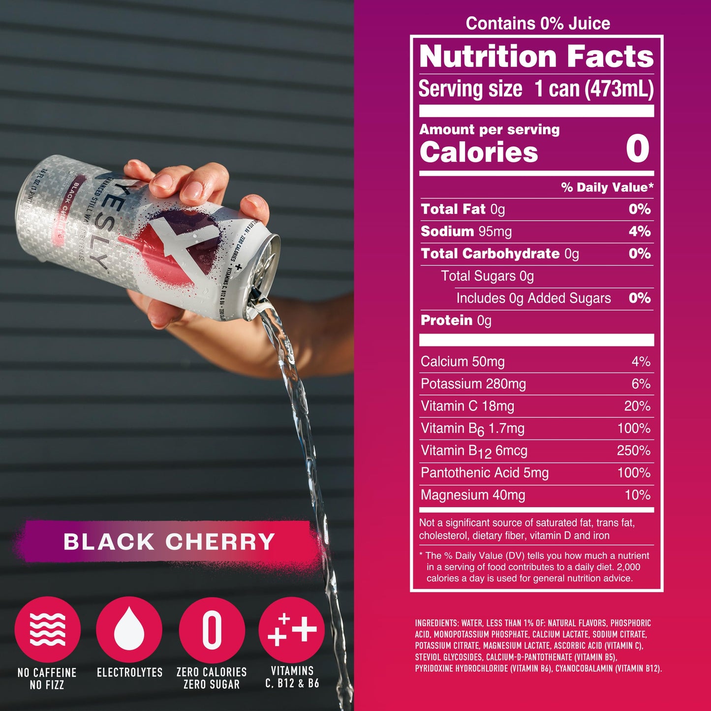 Yesly Functional Water, Black Cherry, Naturally Flavored Still Water with Electrolytes, Magnesium, Potassium, Vitamin C, B6 & B1